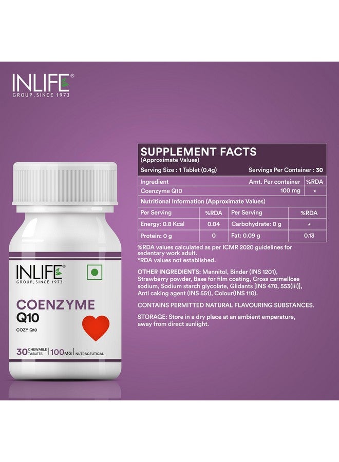 INLIFE إنزيم Q10 100 ملغ | مكمل CoQ10 يوبكوينون لإدارة الطاقة | مضاد أكسدة للرجال والنساء - 30 قرص قابل للمضغ (عبوة من 1) - Image 2