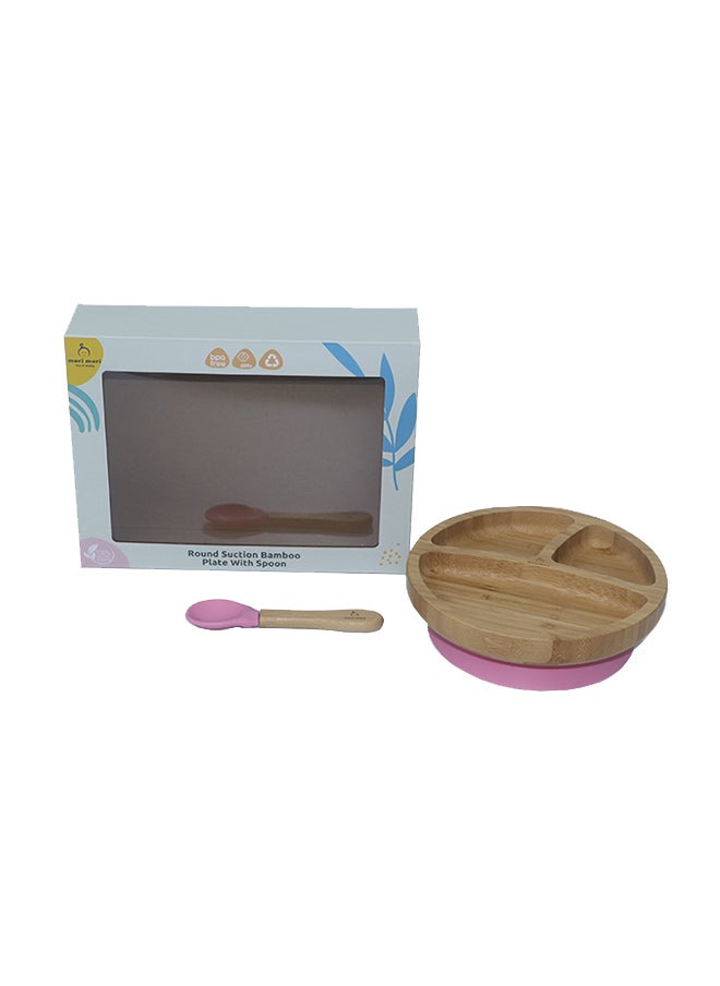 Mori Mori - Round Plate With Spoon And Silicone Suction - Pink - Image 1