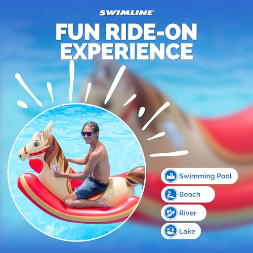 Swimline سويملين عوامة قابلة للنفخ على شكل صخرة – عوامة ثقيلة مع مقابض ودعائم جانبية للاستخدام في البحيرات والشواطئ والفناء الخلفي، حصان هواية، بني وأحمر، 81" - Image 5