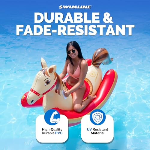 Swimline سويملين عوامة قابلة للنفخ على شكل صخرة – عوامة ثقيلة مع مقابض ودعائم جانبية للاستخدام في البحيرات والشواطئ والفناء الخلفي، حصان هواية، بني وأحمر، 81" - Image 2