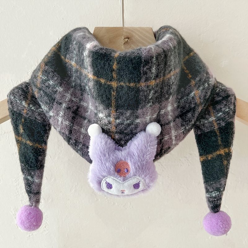 Kids Winter Triangle Scarf Warm Neck Wrap Purple head kulomi hanging ball plaid pattern 