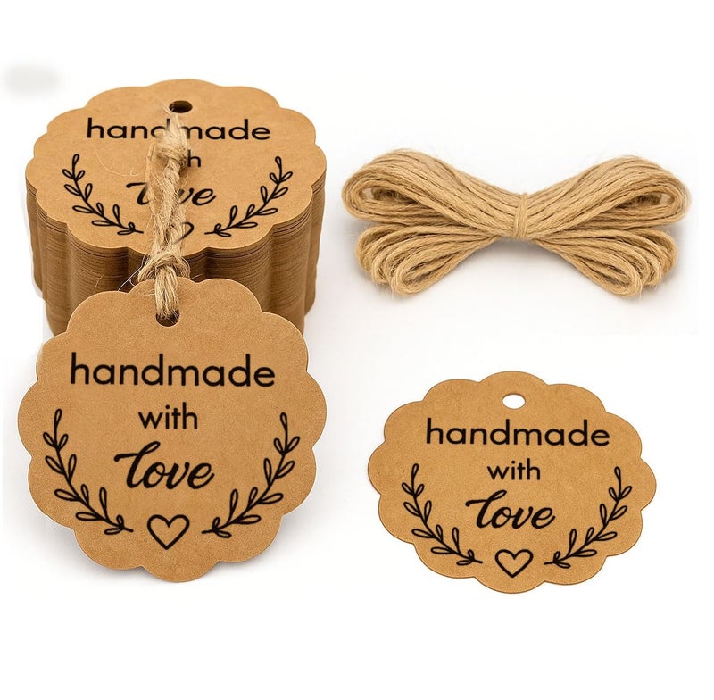 Mudrit Kraft Paper Tags, Handmade Gift Tags 3” Round Labels with Jute Twine, Scalloped Shaped, Perfect for Arts and Crafts, DIY, Wedding Party Favor - (Pack of 200) - Image 1