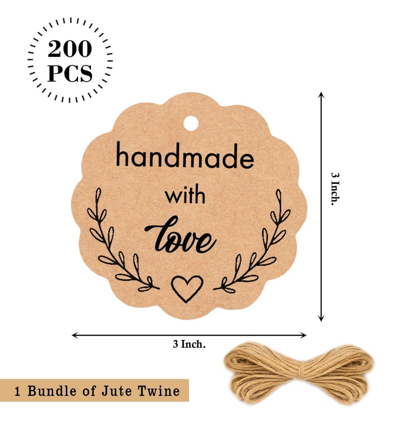 Mudrit Kraft Paper Tags, Handmade Gift Tags 3” Round Labels with Jute Twine, Scalloped Shaped, Perfect for Arts and Crafts, DIY, Wedding Party Favor - (Pack of 200) - Image 2