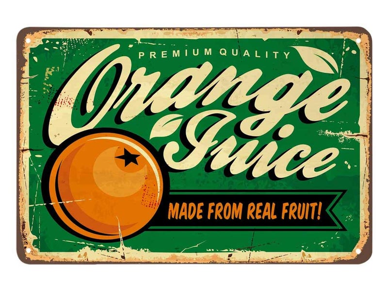 AOYEGO Orange Juice Tin Sign,Made from Real Fruit Green Vintage Metal Tin Signs for Cafes Bars Pubs Shop Wall Decorative Funny Retro Signs for Men Women 8x12 Inch - Image 1