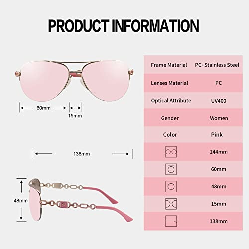 FONHCOO Aviator Sunglasses for Women Pink Mirrored Lens UV Protection Round Metal Frame Vintage Eyewear - Image 4