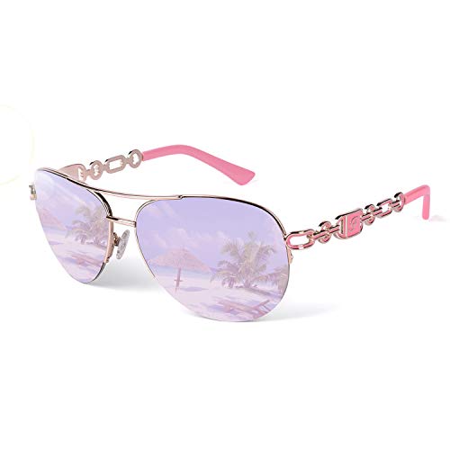 FONHCOO Aviator Sunglasses for Women Pink Mirrored Lens UV Protection Round Metal Frame Vintage Eyewear - Image 1