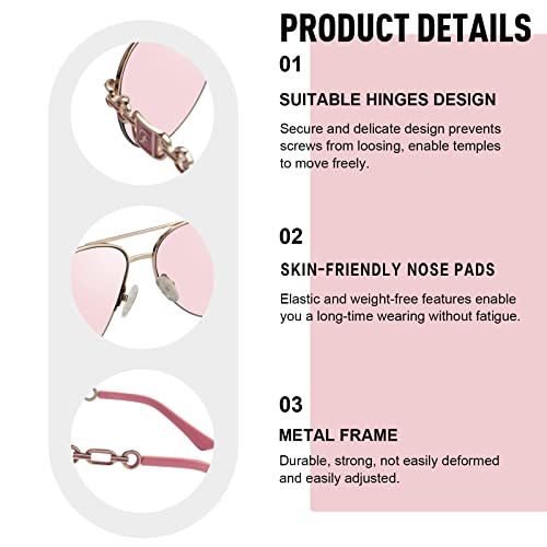 FONHCOO Aviator Sunglasses for Women Pink Mirrored Lens UV Protection Round Metal Frame Vintage Eyewear - Image 3