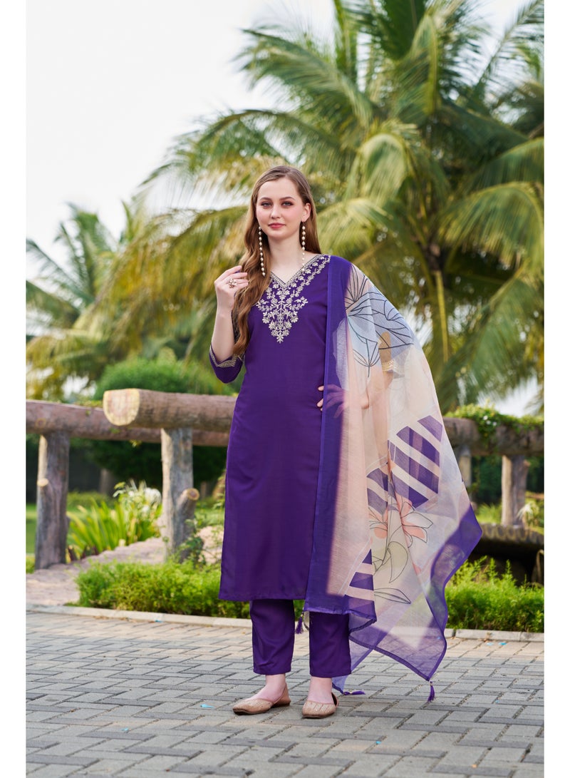 VISHVA CREATION Embroidered Purple Kurta Suit Set for Women - Image 1