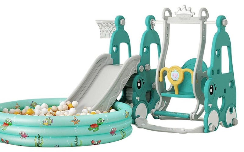 ما بيبي مجموعة 6 في 1 للأطفال منزلق وأرجوحة، ملعب داخلي/خارجي للأطفال الصغار، مزيج من السيارات والأرجوحة للأطفال مع نقطة دواسة مغلقة/حوض سباحة ذو كرات ناعمة - Image 1