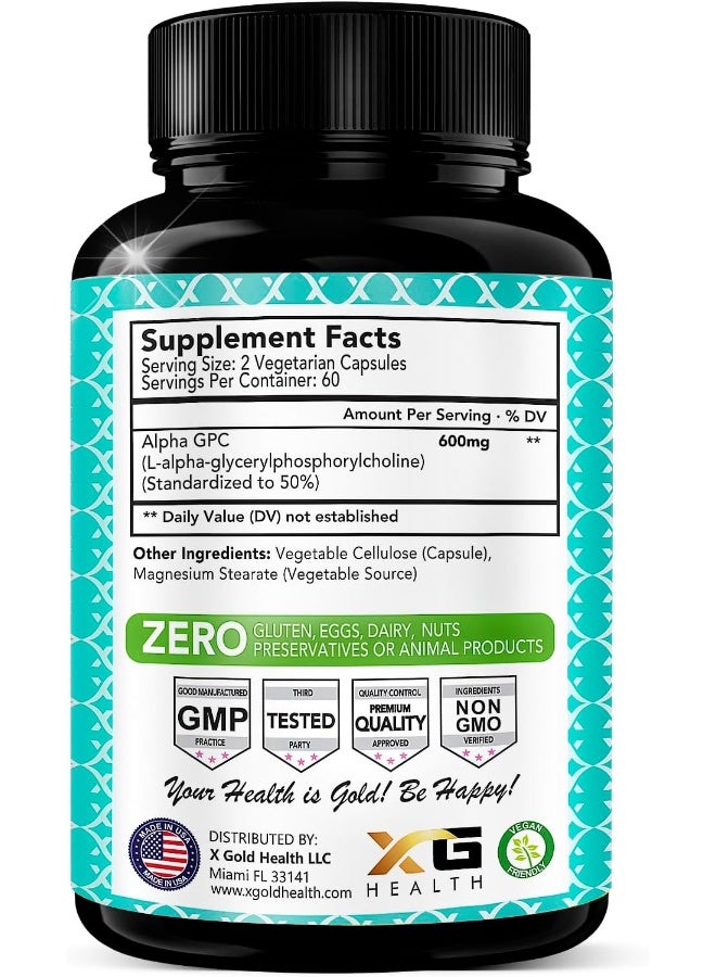 X Gold Health Alpha GPC Choline Supplement 600mg, 99%+ Highly Purified, Highly Bioavailable Source of Choline, 120 Veggie Capsules, Cognitive Enhancer Nootropic, Supports Memory & Brain Function, Boosts Focus & Mood - Image 2