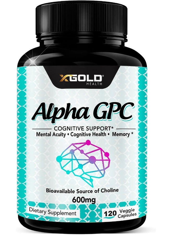X Gold Health Alpha GPC Choline Supplement 600mg, 99%+ Highly Purified, Highly Bioavailable Source of Choline, 120 Veggie Capsules, Cognitive Enhancer Nootropic, Supports Memory & Brain Function, Boosts Focus & Mood - Image 1