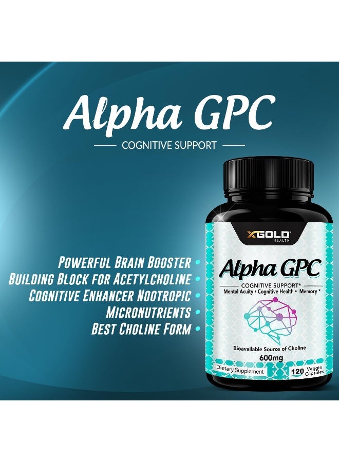X Gold Health Alpha GPC Choline Supplement 600mg, 99%+ Highly Purified, Highly Bioavailable Source of Choline, 120 Veggie Capsules, Cognitive Enhancer Nootropic, Supports Memory & Brain Function, Boosts Focus & Mood - Image 4