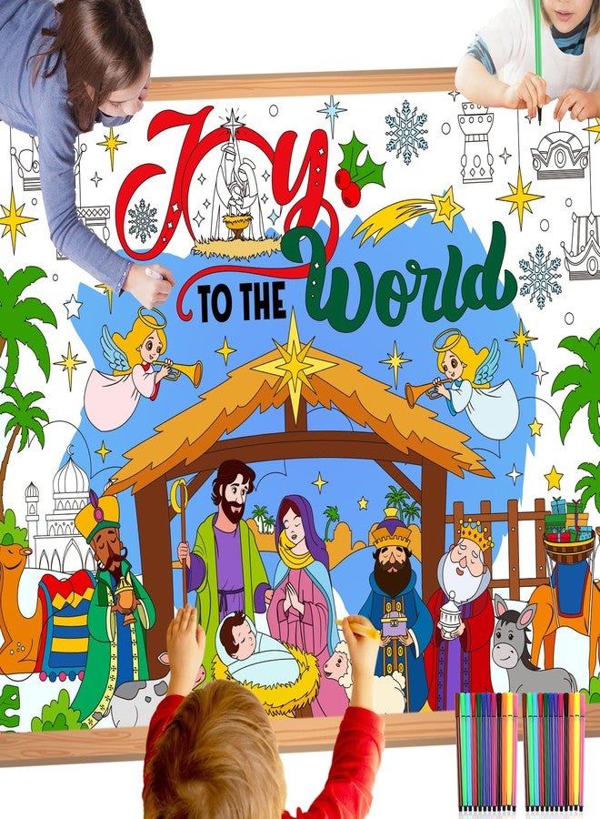 HOWAF Christmas Joy to The World Coloring Poster with 24 pcs Paint Pens, Jumbo Paper Coloring Banner, Religious Nativity Scene Tablecloth Christmas Party Favors Holiday Activities - Image 1