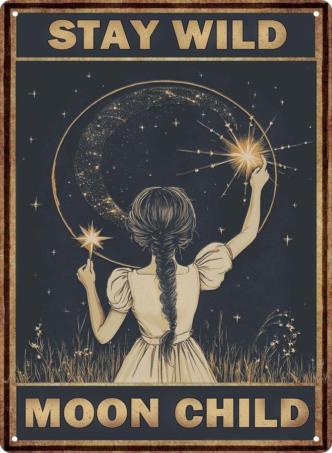ديكور جداري للمطبخ، لوحة "ابقَ متوحشًا يا فتاة القمر" (Moon Girl Stay Wild Moon Child)، ديكور جداري بتصميم فطر عتيق للحمام وغرفة المعيشة وركن القهوة، لوحة معدنية لتزيين جدار غرفة الرجل (8×12 بوصة). - Image 1