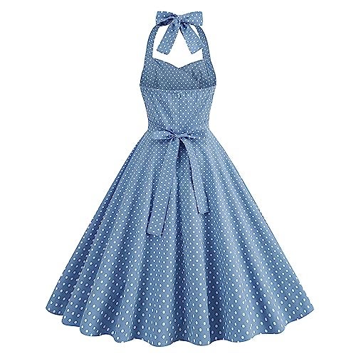 IWEMEK 50s Costumes for Women Polka Dot Dress Pin up Rockabilly Dresses Pockets Vintage 50's Dresses 1960s 40s Housewife Dress Bowknot Halter Fit Flare A-line Prom Party Homecoming Dress Light Blue-Ruched S - Image 3