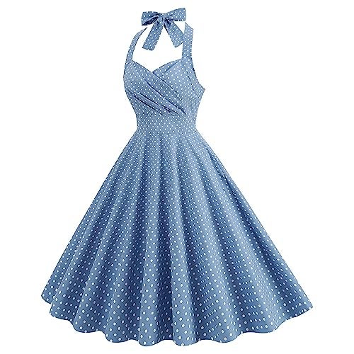 IWEMEK 50s Costumes for Women Polka Dot Dress Pin up Rockabilly Dresses Pockets Vintage 50's Dresses 1960s 40s Housewife Dress Bowknot Halter Fit Flare A-line Prom Party Homecoming Dress Light Blue-Ruched S - Image 2