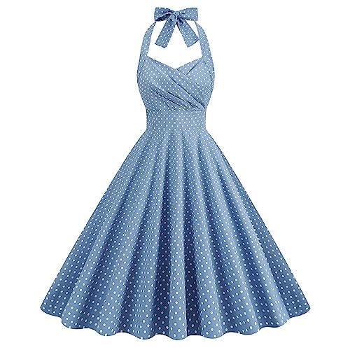 IWEMEK 50s Costumes for Women Polka Dot Dress Pin up Rockabilly Dresses Pockets Vintage 50's Dresses 1960s 40s Housewife Dress Bowknot Halter Fit Flare A-line Prom Party Homecoming Dress Light Blue-Ruched S - Image 1