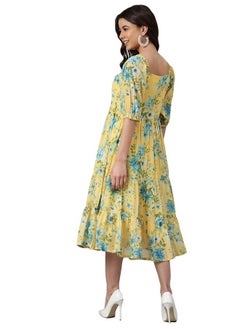 Janasya Janasya Women's Yellow Georgette Floral Printed Flared Western Dress(J0433-DR-S)  - Image 5