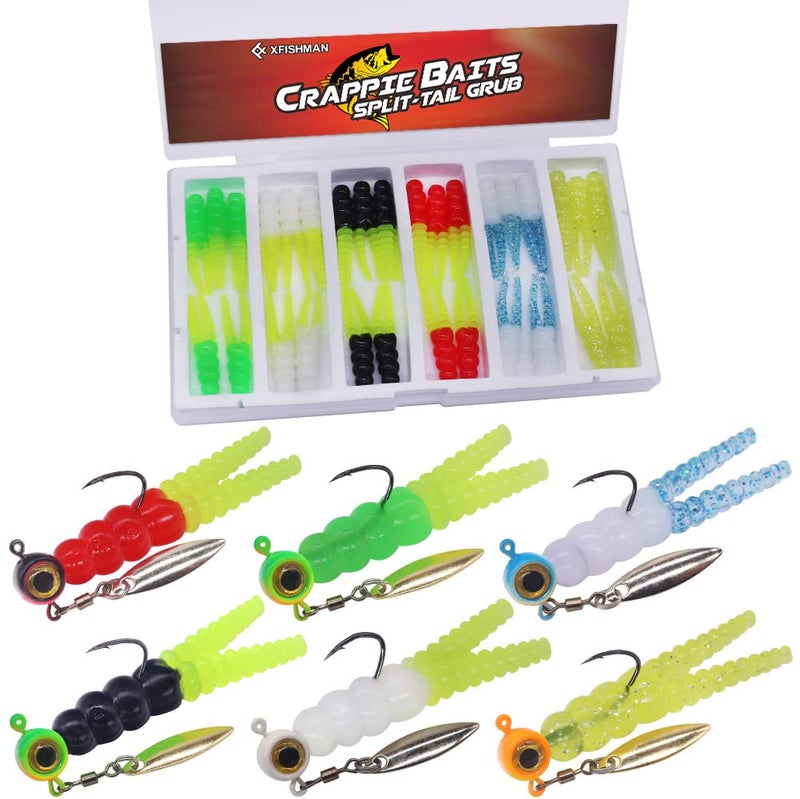 XFISHMAN Crappie Jigs and Lures Kit -135 & 40 Piece Set with Plastics, Jig Heads, Split-Tail Grub Baits - Perfect for Crappie Fishing, Panfish Lures - Image 1
