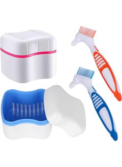 Ceonam Denture Cleaner Box And Brush Set - 2 Pack Denture Bath Case With Basket + 2 Pack Denture Brush, Portable Denture Retainer Storage Box, False Teeth Brushes For Oral Care (Blue And Red)  - Image 1