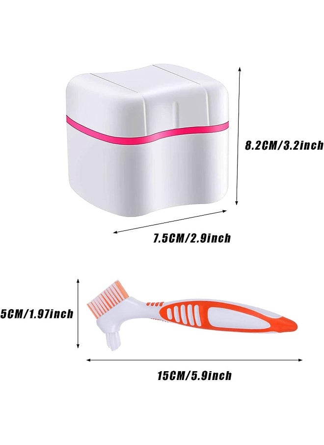 Ceonam Denture Cleaner Box And Brush Set - 2 Pack Denture Bath Case With Basket + 2 Pack Denture Brush, Portable Denture Retainer Storage Box, False Teeth Brushes For Oral Care (Blue And Red)  - Image 2