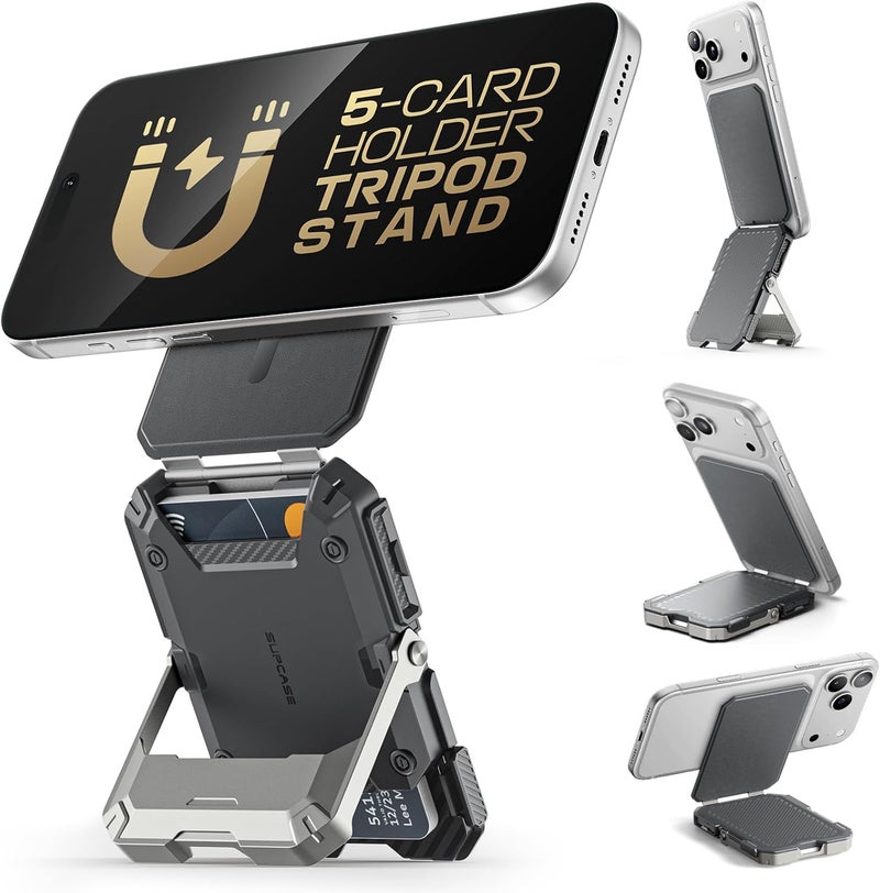 SUPCASE for MagSafe Wallet with Stand, Magnetic Wallet for Men, [Hold 5 Cards] [Adjustable Stand] [RFID Blocking] Phone Stand Credit Card Holder Tripod for iPhone 17/16/15/14/13/12 Series, Silver - Image 1