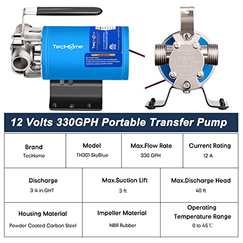 Techome 12V Portable Electric Utility Water Transfer Pump, with ON/OFF Switch and Suction Hose Kit. - Image 2