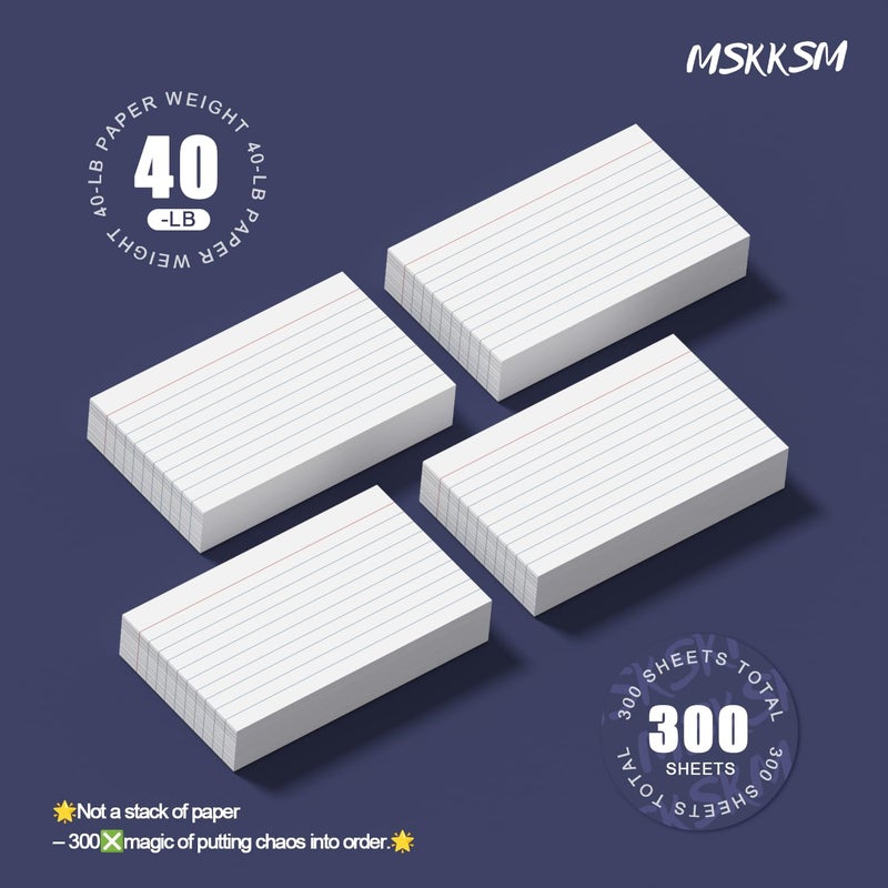 MSKKSM Index Cards 3x5 Inch - 300 Pack, Ruled Index Flash Cards for Studying, Lined Index Note Cards 3x5 Flashcards, Notecards 3 x 5 Lined Small Index Cards Ruled White 3x5 Cards for Office, School, Home - Image 4