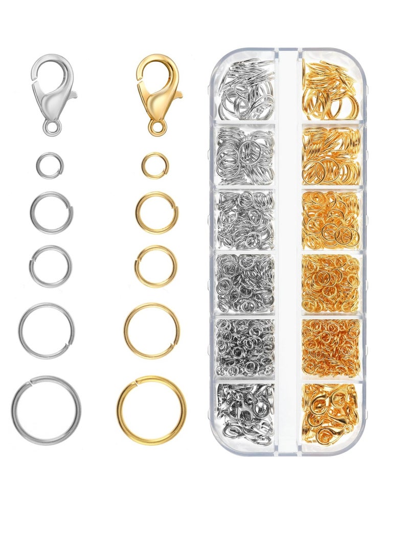 1100Pcs Jump Rings Jewelery Making Supplies, 40Pcs Lobster Clasps Jewelry Findings Kit, Broken Bracelet Necklace Rings Repair Set, Earring Loops Jewelry Making Supplies Assorted Sizes Gold Silver - Image 1