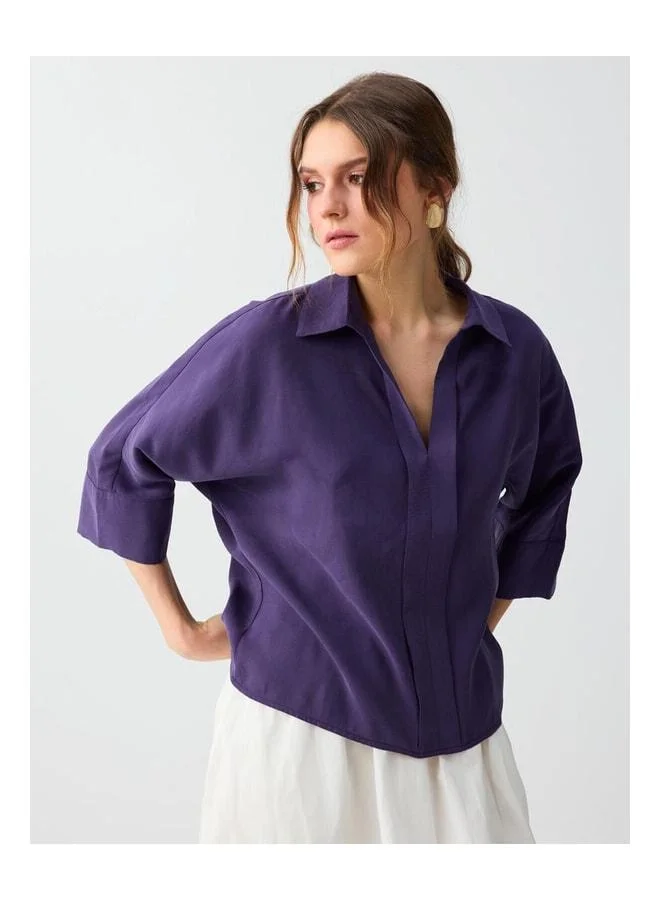 Jimmy Key Purple Shirt Collar Truvakar Sleeve Modal Woven Blouse.