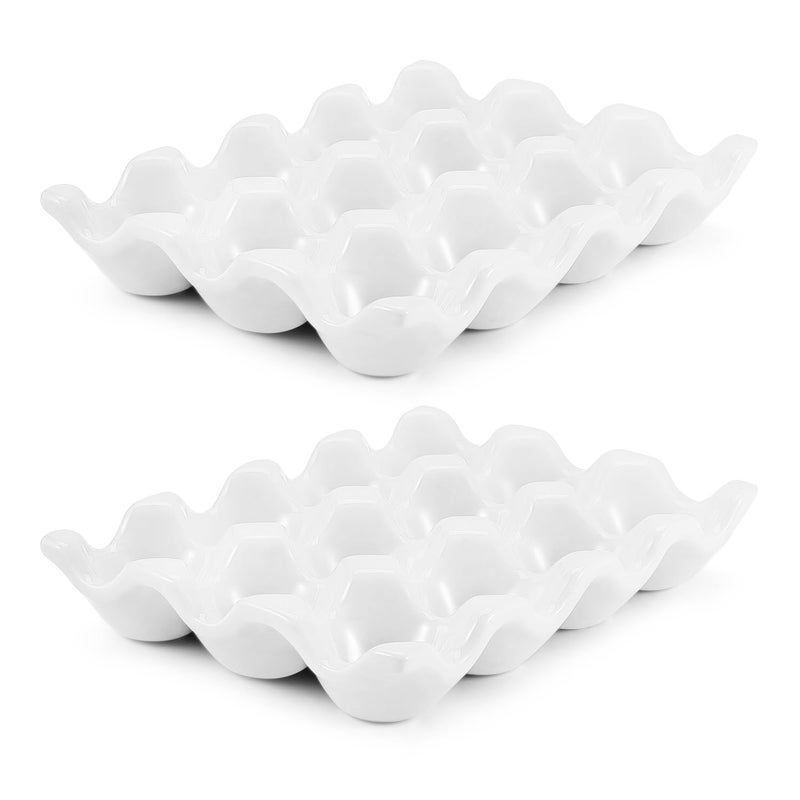 Flexzion 12 Cups Ceramic Egg Holder for Fridge - Dozen Ceramic Egg Tray Porcelain Container Storage Organizer Decorative Serving Stand Serveware for Refrigerator Countertop Display (White, 2 Pack) - Image 1