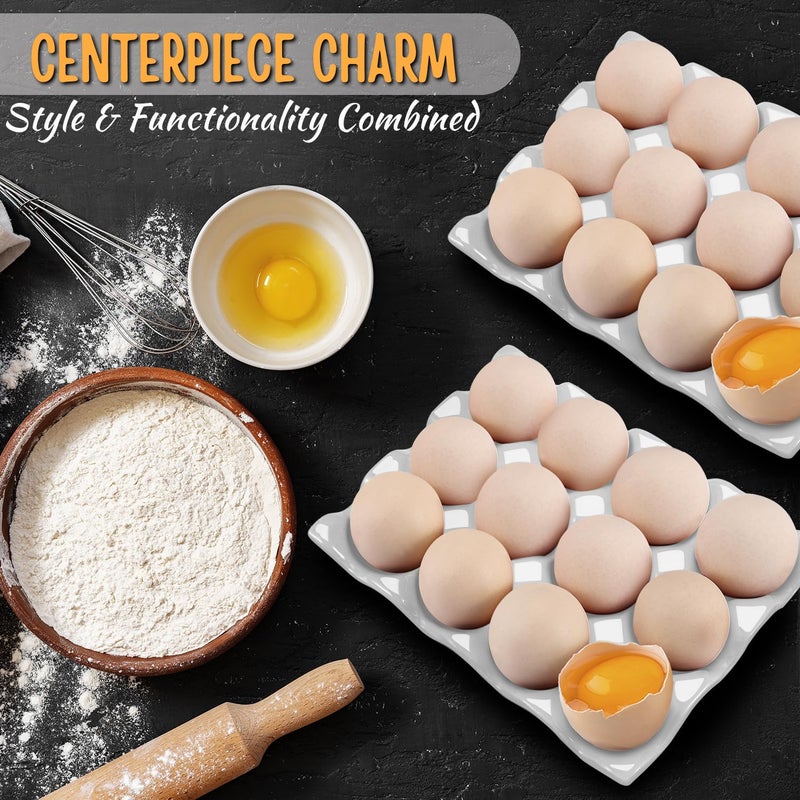 Flexzion 12 Cups Ceramic Egg Holder for Fridge - Dozen Ceramic Egg Tray Porcelain Container Storage Organizer Decorative Serving Stand Serveware for Refrigerator Countertop Display (White, 2 Pack) - Image 3