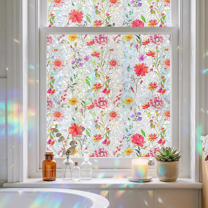 ADD.HERES Window Privacy Film Home Room Bathroom Spring Decor Car Decorations, Stained Glass Window Film, Static Cling Window Film, Window Tint，Rainbow Window Film (Wildflower Trail, 17.5" x 78.7") - Image 1