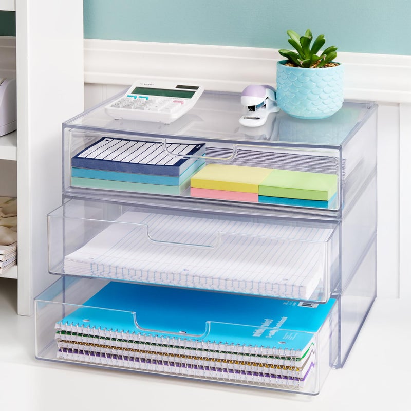 STORi STAX Plastic Stackable Organizer Drawers (Set of 2) Clear | 12.5" Wide | Set Includes Two Open Drawer | Organize Office Desk Accessories & Sort Paper | Made in USA - Image 3