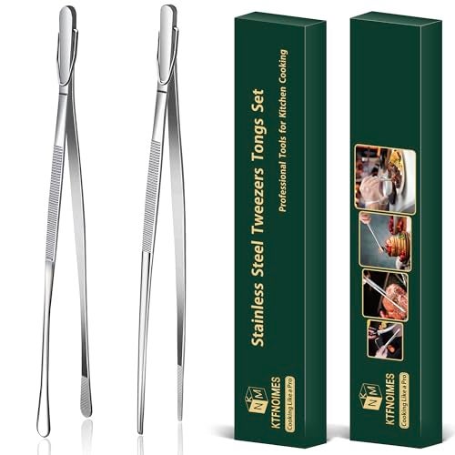 KTFNOMES 2 Pcs 12-Inch Cooking Tweezers Fine Tweezer Tongs, Extra-Long Stainless Steel Kitchen Tweezers, for Grilling, Serving, and Food Preparation,Silver - Image 1