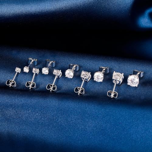 Gemsme Princess Cut Cubic Zirconia Stud Earrings for Women/Men - 5 Pairs 18K Gold Plated Hypoallergenic 3-7mm Round Clear CZ Earring Set - White Gold - Image 3