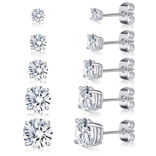 Gemsme Princess Cut Cubic Zirconia Stud Earrings for Women/Men - 5 Pairs 18K Gold Plated Hypoallergenic 3-7mm Round Clear CZ Earring Set - White Gold - Image 1