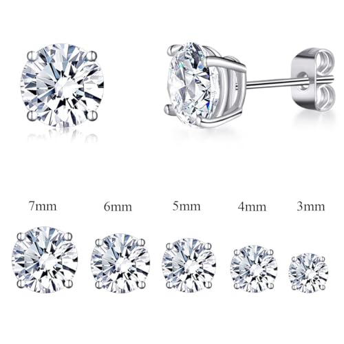 Gemsme Princess Cut Cubic Zirconia Stud Earrings for Women/Men - 5 Pairs 18K Gold Plated Hypoallergenic 3-7mm Round Clear CZ Earring Set - White Gold - Image 2