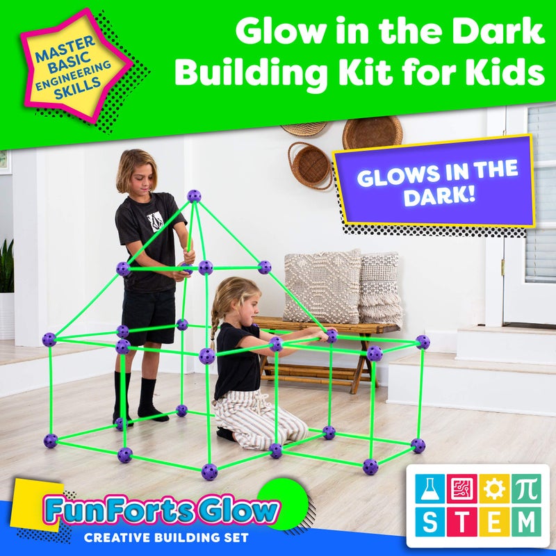 Power Your Fun Fun Forts Glow Fort Building Kit for Kids - 81 Pack Glow in The Dark STEM Building Toys Indoor Outdoor Play Tent for Kids Construction Toys with 53 Rods and 28 Spheres - Image 2