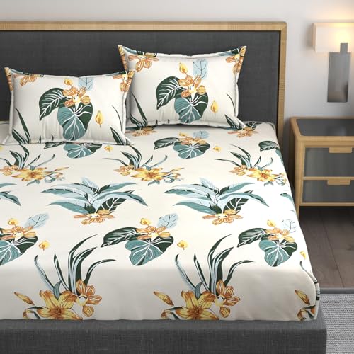 AMEYAA 320 TC Cotton Feel Glace Cotton Printed Elastic Fitted King Size Double Bed Bedsheet with 2 Pillow Covers | Fitted Bedsheets King Size 78 x 72 x 8 Navy Flowers - Image 1