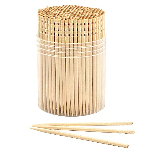 BambooMN Premium Wooden Round Toothpicks with Storage Holder for Food or Cleaning Your Teeth, 3 Packs of 300 Pieces, Party Supplies - Image 1