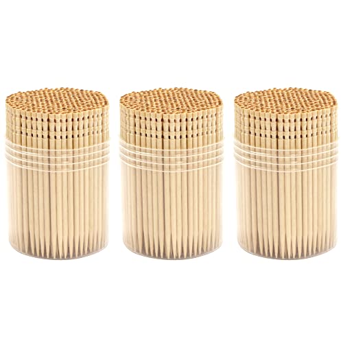 BambooMN Premium Wooden Round Toothpicks with Storage Holder for Food or Cleaning Your Teeth, 3 Packs of 300 Pieces, Party Supplies - Image 2