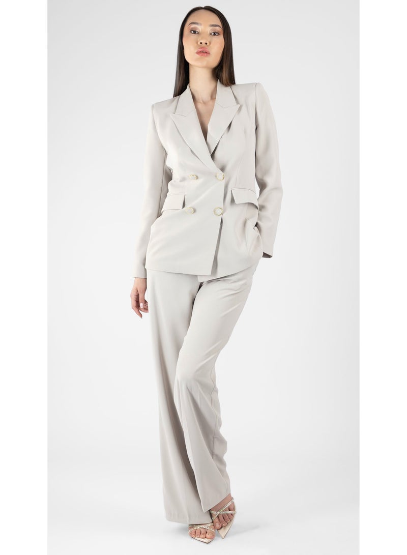 KYVELi Women’s Tailored Two-Piece Suit Set – Double-Breasted Blazer & Straight-Leg Pants – Beige - Image 1