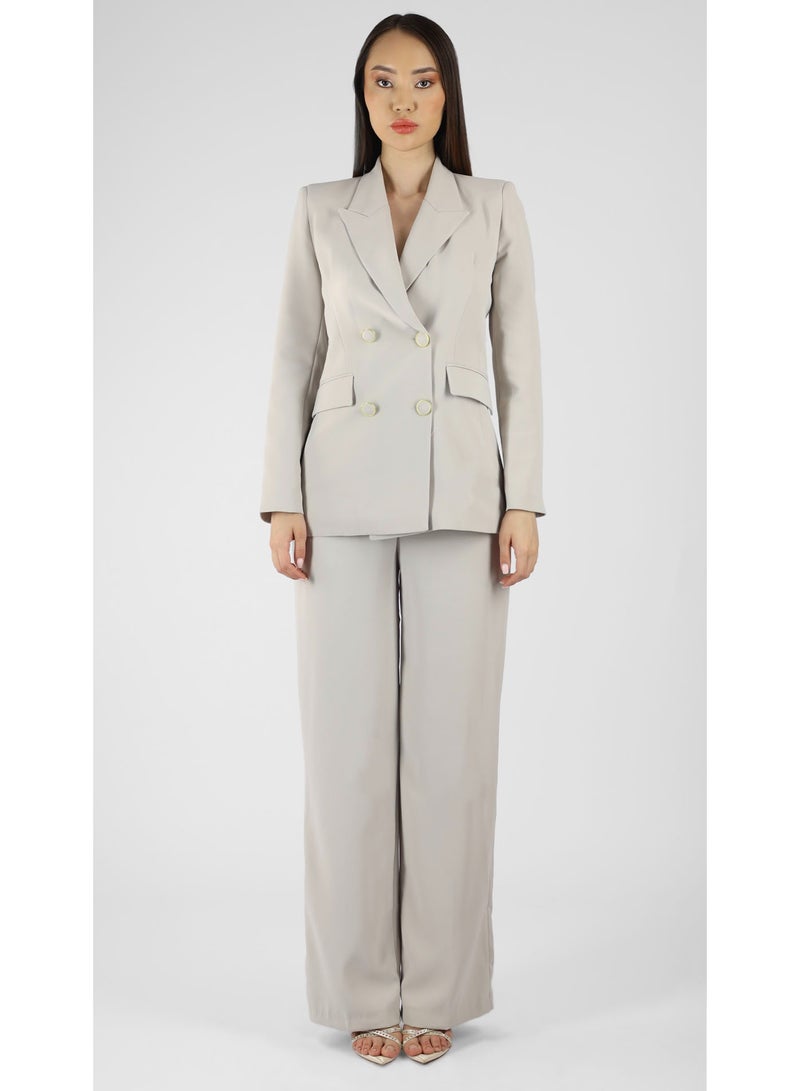 KYVELi Women’s Tailored Two-Piece Suit Set – Double-Breasted Blazer & Straight-Leg Pants – Beige - Image 2