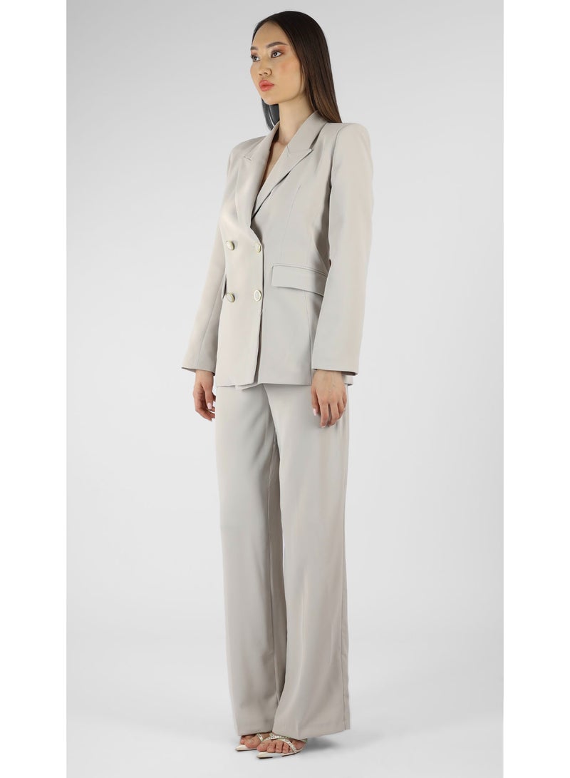 KYVELi Women’s Tailored Two-Piece Suit Set – Double-Breasted Blazer & Straight-Leg Pants – Beige - Image 3