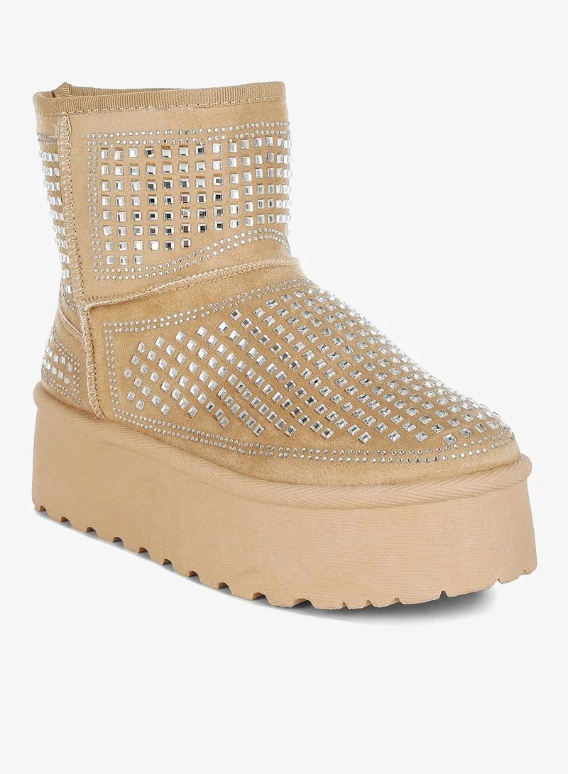 London Rag Chunky Rhinestones Ankle Boots in Beige