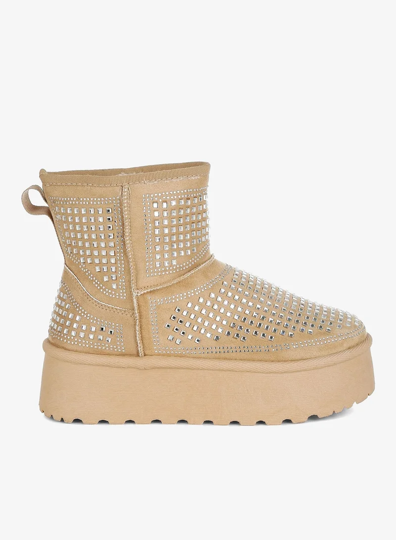 London Rag Chunky Rhinestones Ankle Boots in Beige