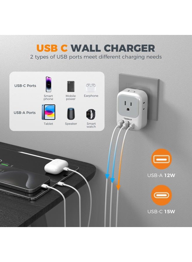 TESSAN South Africa Plug Adapter, Pack of 2, TESSAN Type M Power Adapter with 4 AC Outlets 3 USB Ports (1 USB C), Travel Adapter USA to South Africa, Botswana, Zimbabwe, Namibia, Nepal - Image 4