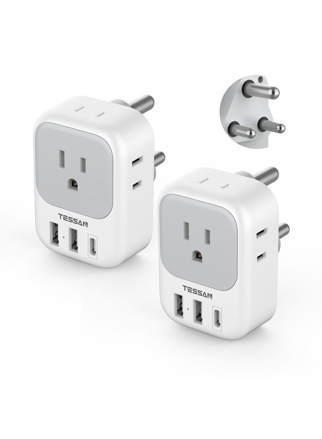 TESSAN South Africa Plug Adapter, Pack of 2, TESSAN Type M Power Adapter with 4 AC Outlets 3 USB Ports (1 USB C), Travel Adapter USA to South Africa, Botswana, Zimbabwe, Namibia, Nepal - Image 1