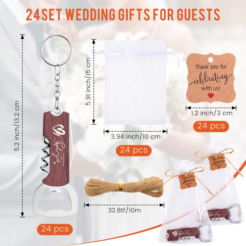 Vesici 24 Set Wedding Favors for Guests Bottle Openers Keychains Bulk Wine Beer Bottle Opener Keychain Thank You Cards with Organza Gift Bags for Bar Party Wedding Graduation Souvenirs (Redwood Color) - Image 2